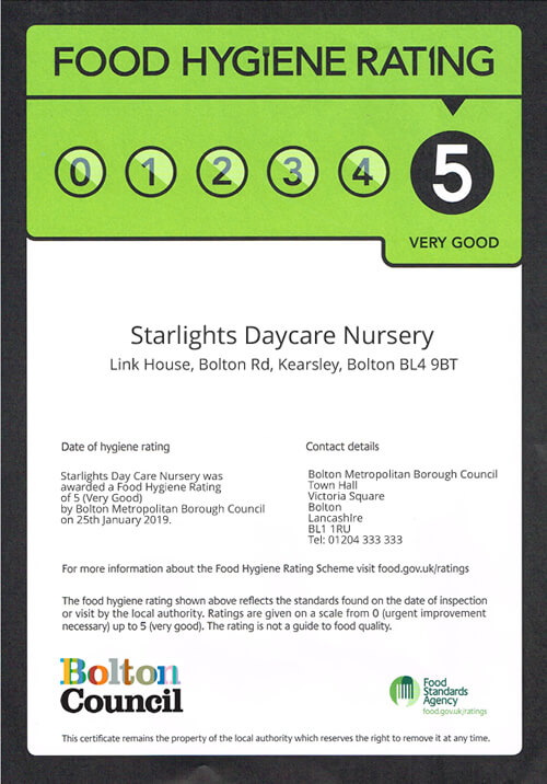 5* food hygiene at Starlight's Daycare Nursery